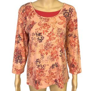 Basic Editions Womens XXL‎ Orange Floral Long Sleeve Stretch Blouse Shirt